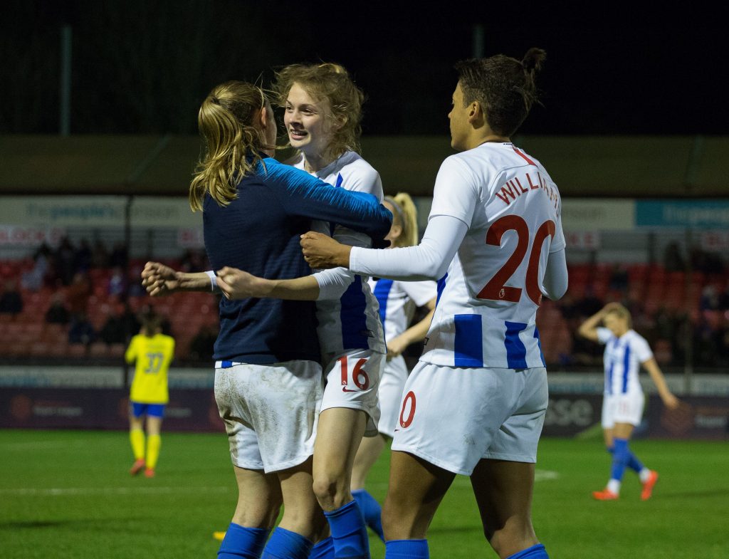 Brighton Players celebrate at the final whistle of their 2-1 victory over Birmingham City 
Brighton and Hove Albion Women v Birmingham City Women WSL football match, The People's Pension stadium, Crawley, UK - 20 Feb 2019
Photo: Paul Gregory for The FA