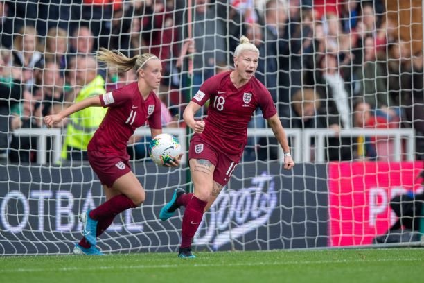 Beth England celebrates her goal against Brazil.