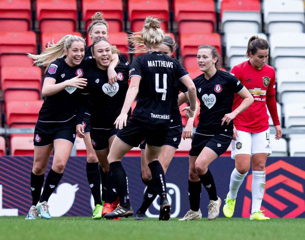 Bristol City celebrate Ebony Salmon's goal that beat Manchester United