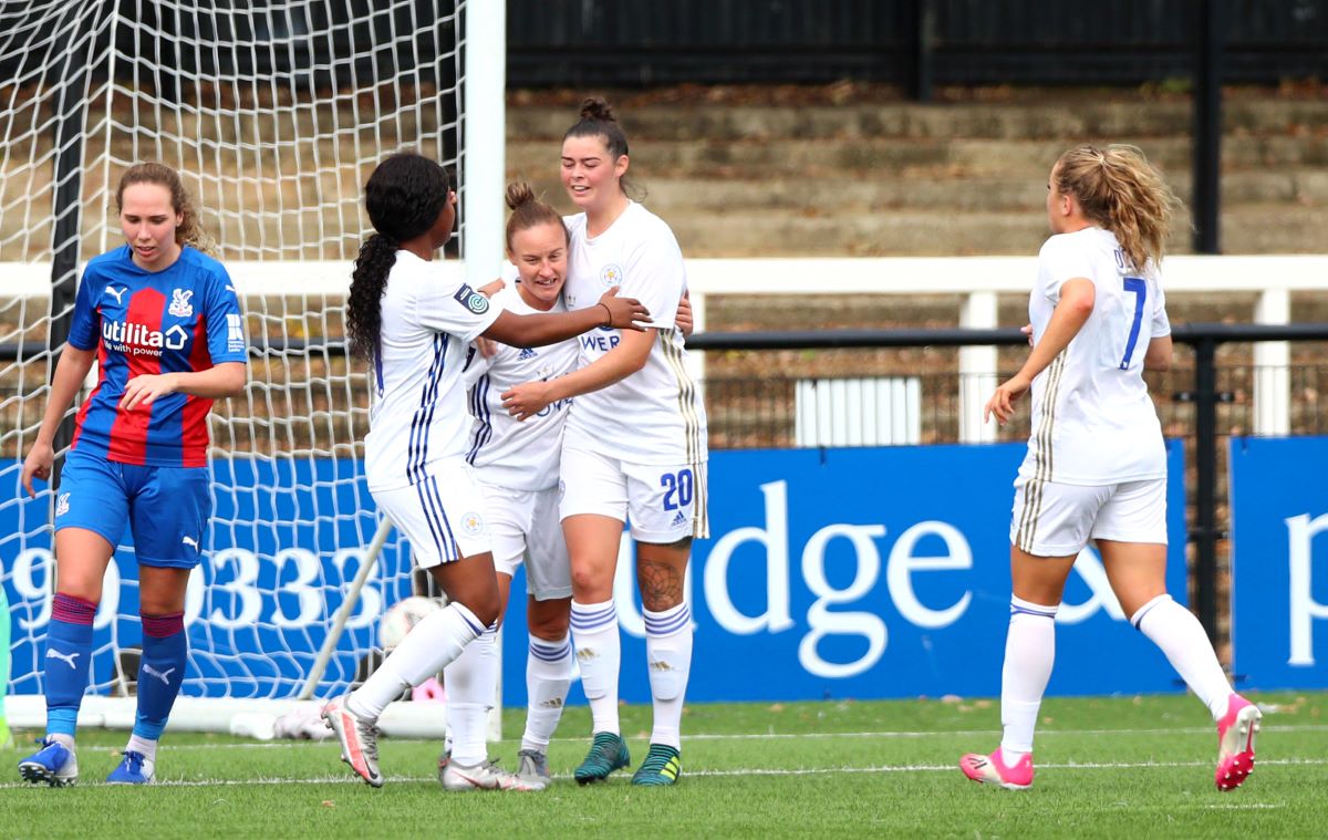 Natasha Flint of Leicester City celebrates scoring