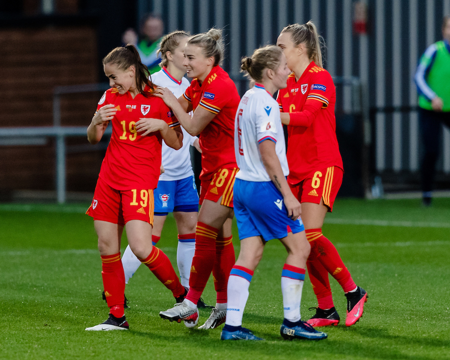 Wales' Lily Woodham scores and celebrates 