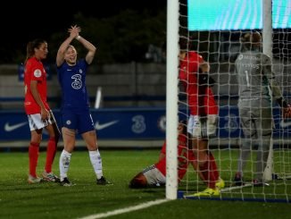 Chelsea's Bethany England celebrates her second goal v Benfica