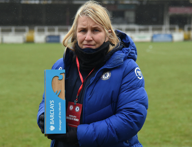 Emma Hayes with FAWSL MOTM trophy