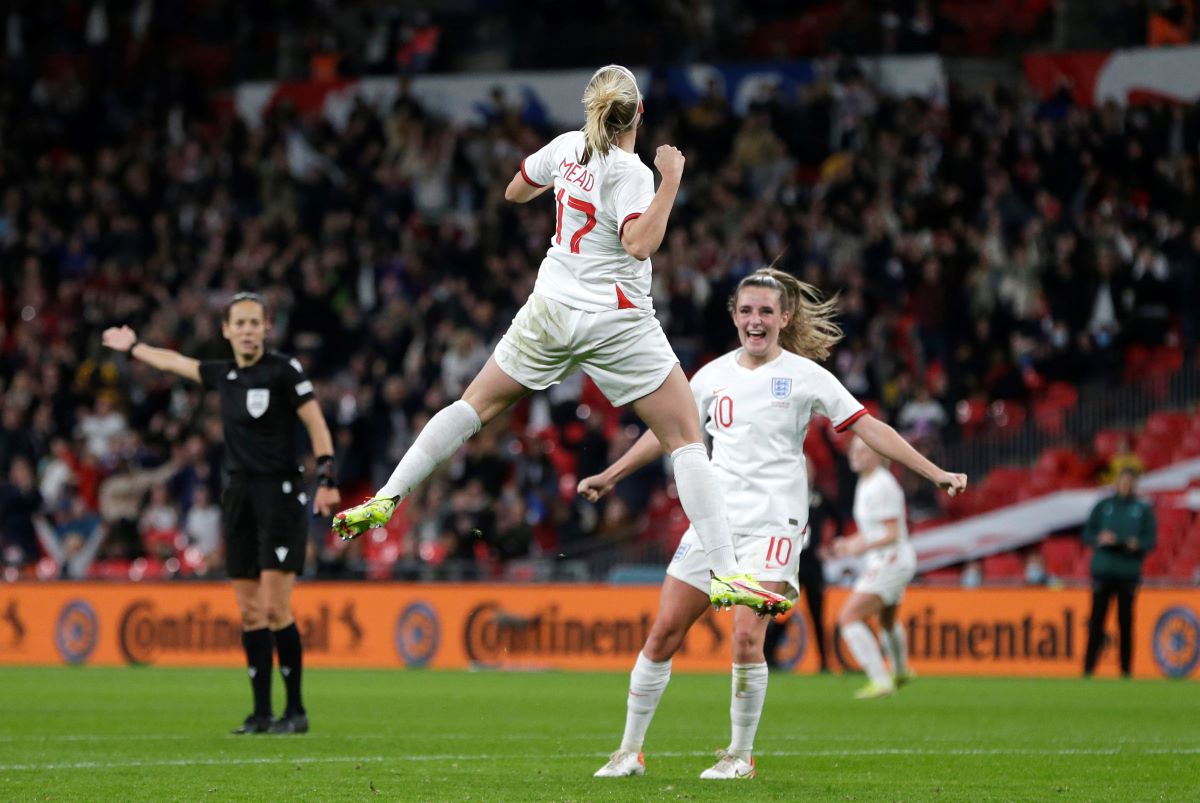 Beth Mead celebrates scoring for England