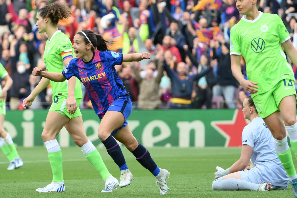 Aitana Bonmati celebrates an early goal for Barcelona against Wolfsburg