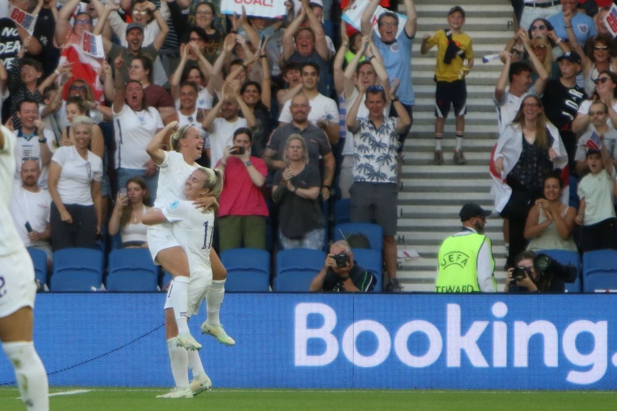 England celebrate a goal against Norway