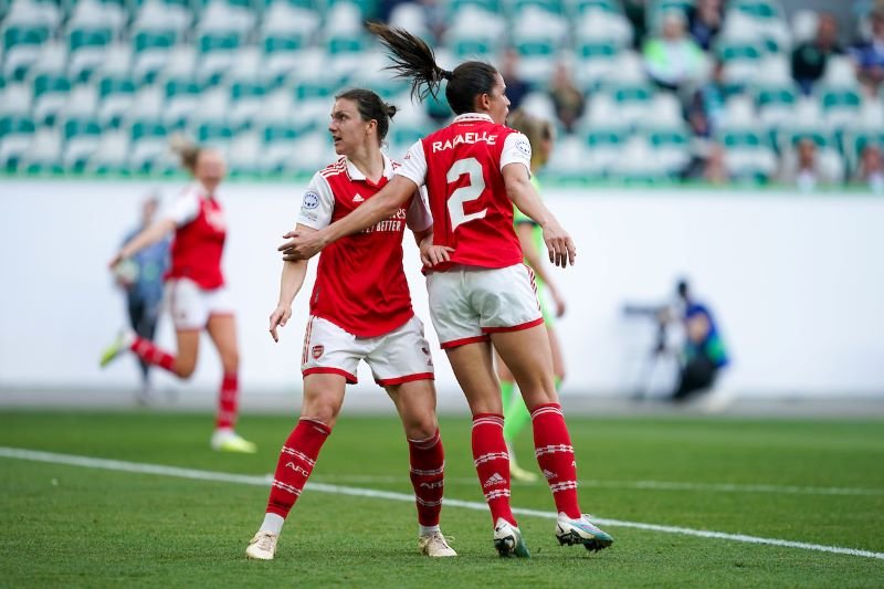 UEFA Womens Champions League - Wolfsburg v Arsenal - Volkswagen Arena Rafaelle Souza (2 Arsenal) celebrates with teammate Lotte Wubben-Moy (3 Arsenal)