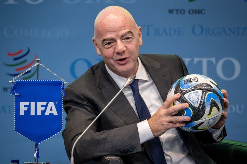 SWITZERLAND-TRADE-FBL-WOMEN-WC-2023FIFA President Gianni Infantino holds an official ball of the 2023 FIFA Women's World Cup