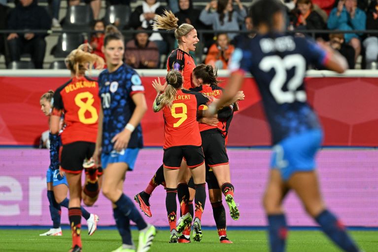 Belgium's players celebrate after scoring a goal during the UEFA Women's Nations League football match 