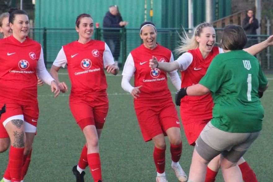 Hereford Pegasus celebrate penalty shoot-out win over Droitwich Spa. 