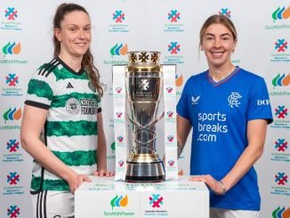 Celtic and Rangers players with the SWPL trophy