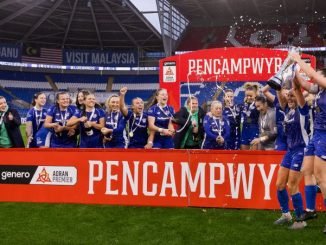 Cardiff City FC Women lift the Adran League trophy at Cardiff City Stadium