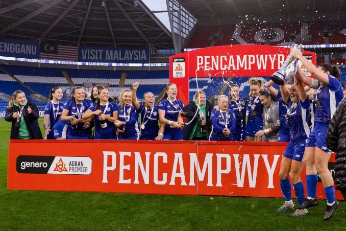 Cardiff City FC Women lift the Adran League trophy at Cardiff City Stadium