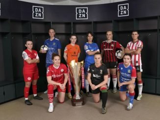 Players of NIFL Sports Direst Women's Premiership clubs pose with trophy