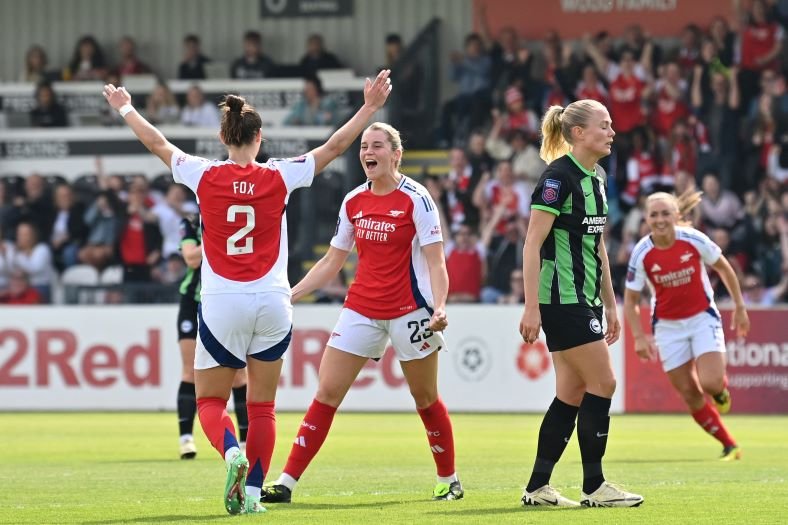 Barclays Women's Super League match between Arsenal and Brighton and Hove Albion at Meadow Park, in Borehamwood, on May 18, 2024. 