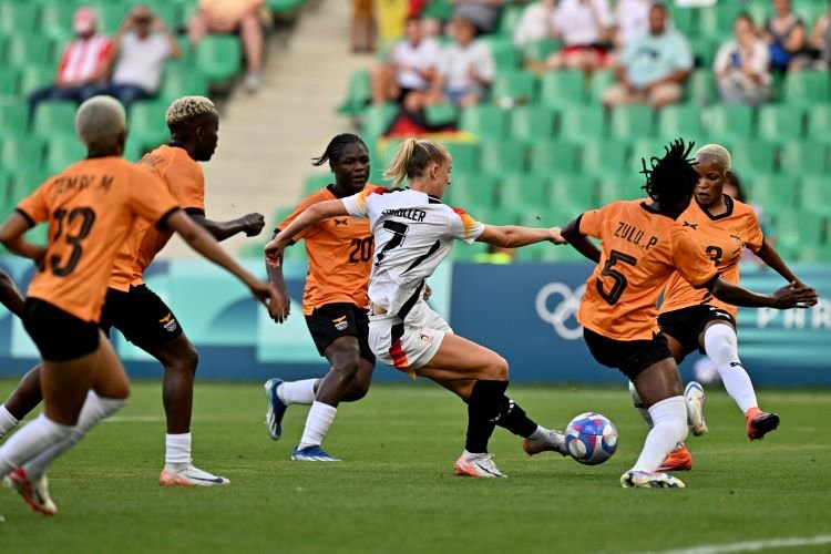 women's group B football match between Zambia and Germany during the Paris 2024 Olympic Games at the Geoffroy-Guichard Stadium in Saint-Etienne on July 31, 2024.