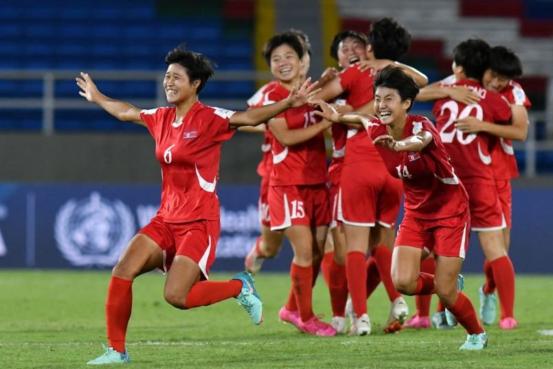 FBL-WOMEN-U-20-WORLD CUP-USA-PKR North Korea players celebrate after winning the 2024 FIFA U-20 Women's World Cup semi-final match between United States and North Korea at the Pascual Guerrero Olympic Stadium in Cali, Colombia on September 18, 2024.