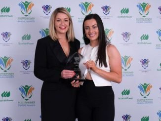 Amy Gallacher picking up her SWPL1 Player of the Year from MG Alba Commissioning editor Fiona Mackenzie