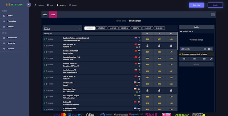 The live football betting markets available on Bet Storm for UK bettors
