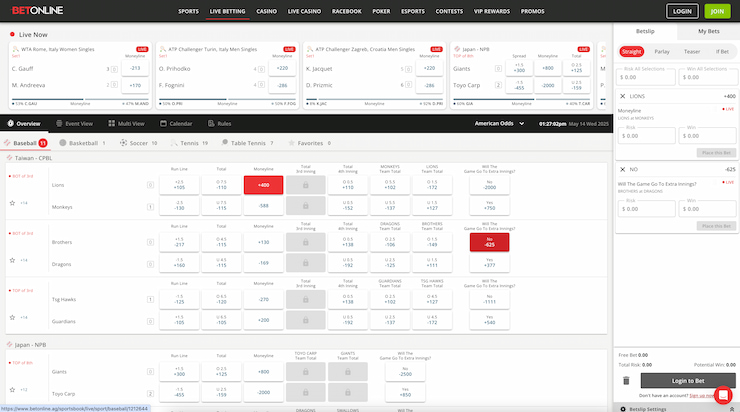 BetOnline's live betting section for baseball