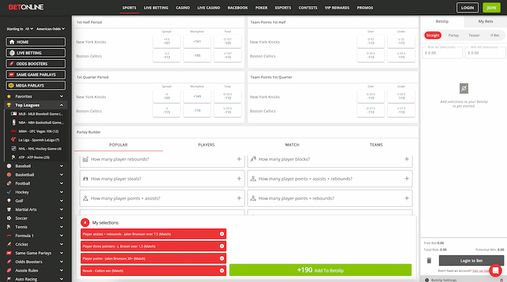 BetOnline's parlay builder for NBA