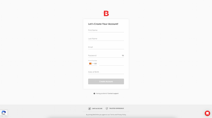 The sign up page for best betting site BetOnline