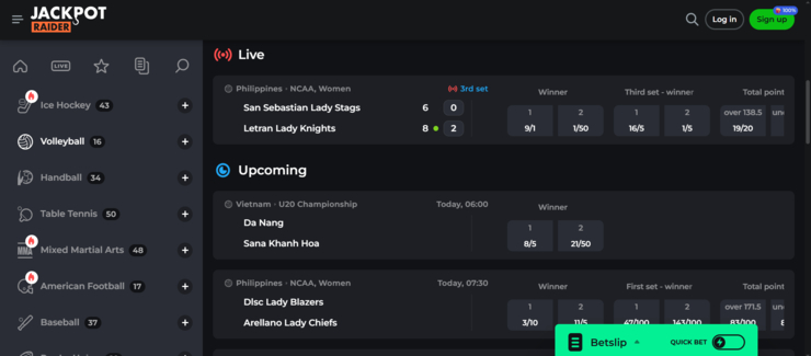 A screenshot of JackpotRaider UK betting site volleyball odds