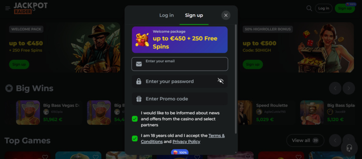 A screenshot of the registration page at jackpotraider UK betting site