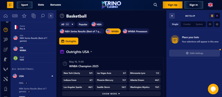 A screenshot of the WNBA odds at Trino, one of the best UK betting sites