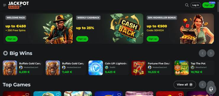 A screenshot of the main page at Jackpotraider