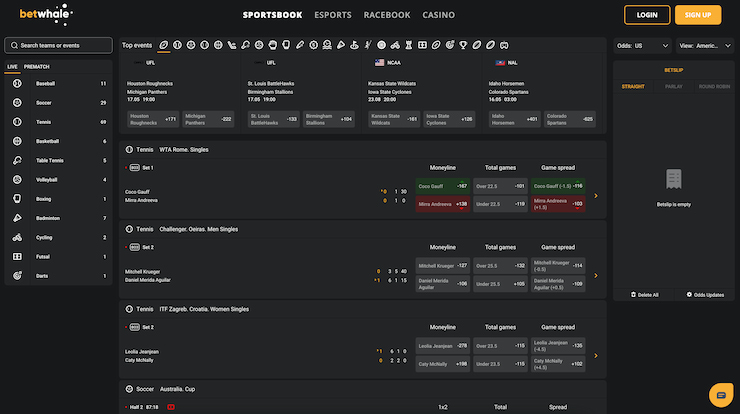 The in-play betting page of sports betting site BetWhale