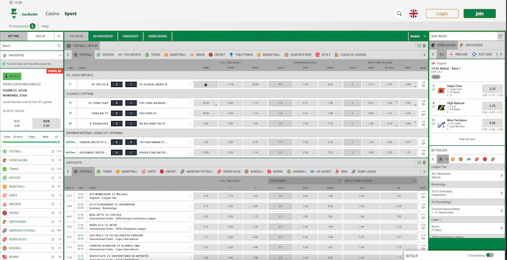 A screenshot of the in-play betting markets on Luckstar