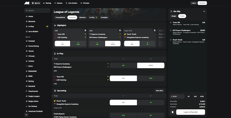 A screenshot of the esports options available to UK bettors on Midnite