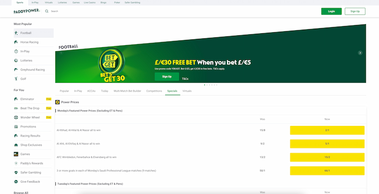 A screenshot of one of the most well-known UK betting sites: PaddyPower