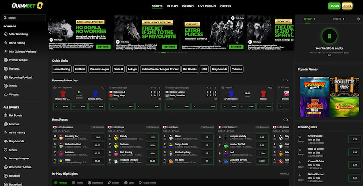 A screenshot of UK betting site QuinnBet