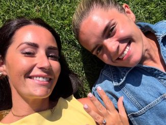 Jamie Finn (right) has announced her engagement to long-term partner Sarah Walsh (left)