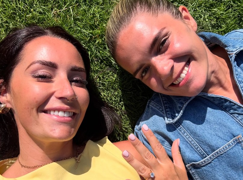 Jamie Finn (right) has announced her engagement to long-term partner Sarah Walsh (left)