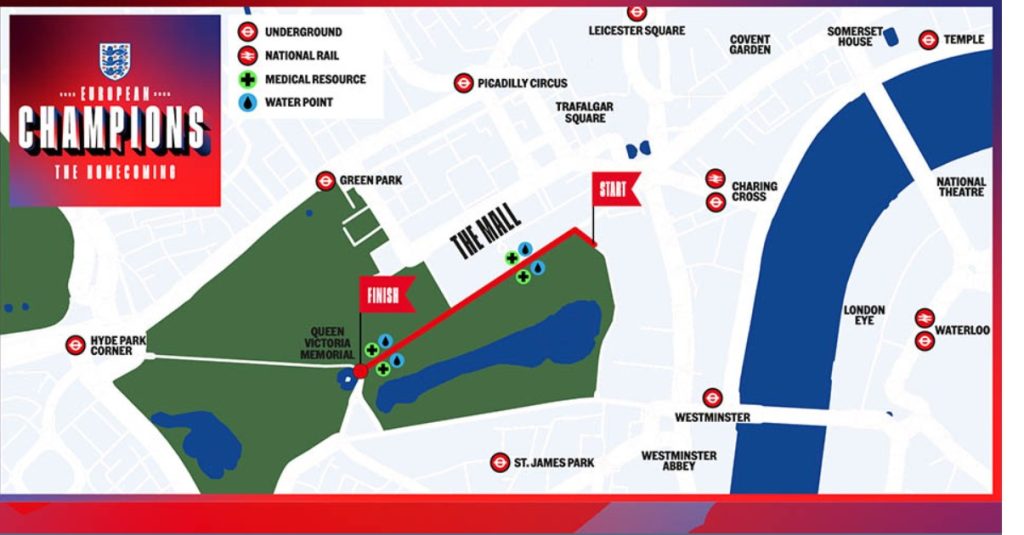 England homecoming route Euro 2025 trophy parade