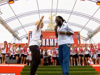 Sarina Wiegman dances with Burna Boy during England Euro 2025 trophy parade