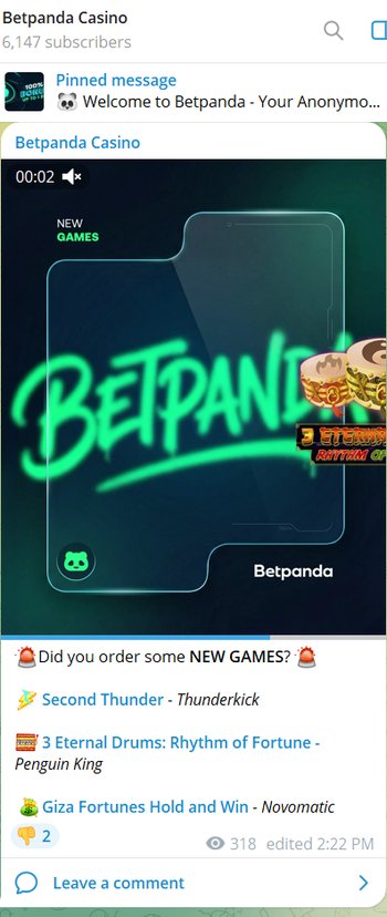 A screenshot of BetPanda's Telegram casino bot