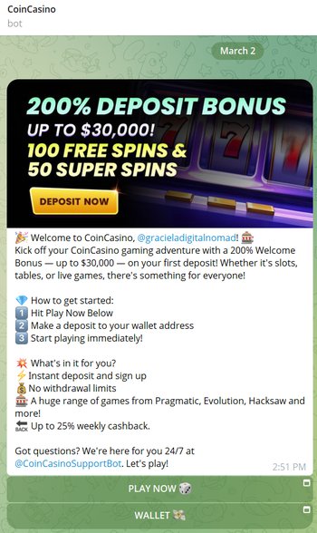 A screenshot of CoinCasino's Telegram casino bot
