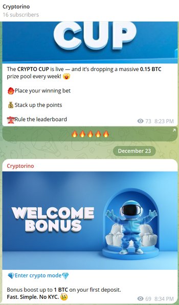 A screenshot of Cryptorino's Telegram casino bot