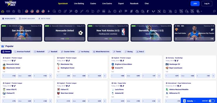 A Screenshot of Voltage Bet's sportsbook, a top betting site that accepts credit cards