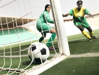 Goalkeeper and defender react near goal net during Australia vs Kenya women's football match