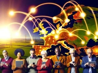 Broadcast network visualization showing diverse viewers accessing Women's World Cup across European territories via television, mobile and digital platforms