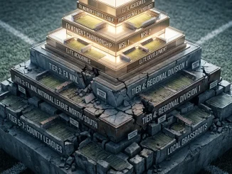 Fragmented football pyramid structure showing tension between elite academy development and lower-tier competitive divisions