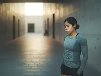 Solitary female athlete in contemplative moment, symbolizing personal agency amid state pressure and political tension.