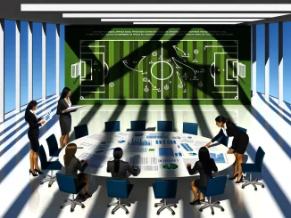 Strategic women's football investment board meeting showing pitch diagram and business planning documents