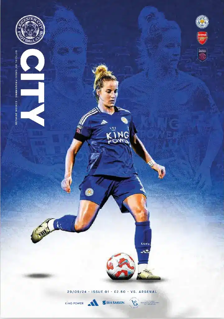 Leicester City Women player in blue kit dribbling a ball in a dynamic pose.
