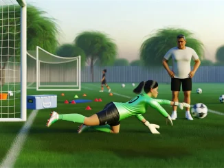 Young female goalkeeper training with coach guidance on grass pitch during skill development session